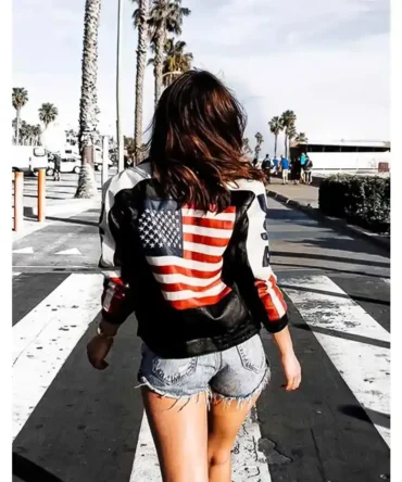 American actress and singer Selena Gomez USA Flag Black Leather Jacket