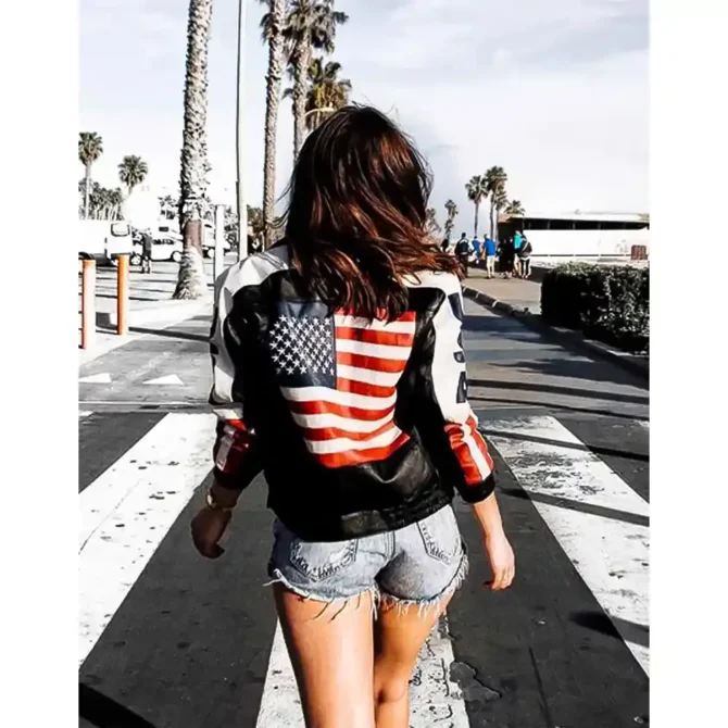 American actress and singer Selena Gomez USA Flag Black Leather Jacket
