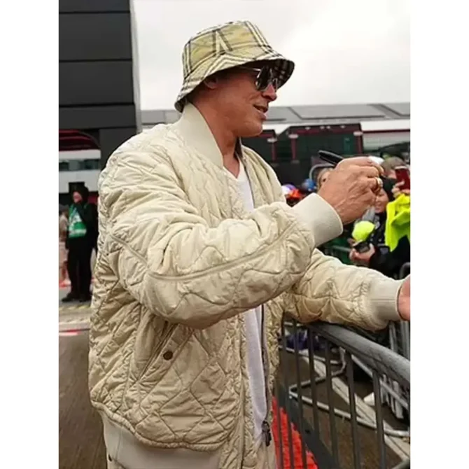 Brad Pitt F1 2025 Sonny Hayes Off White Quilted Bomber Jacket