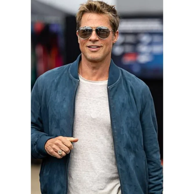 Formula 1 British Grand Prix Brad Pitt Blue Bomber Suede Leather Jacket