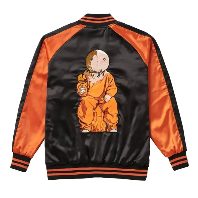 Trick r Treat Pumpkin Black and Orange Satin Varsity Jacket